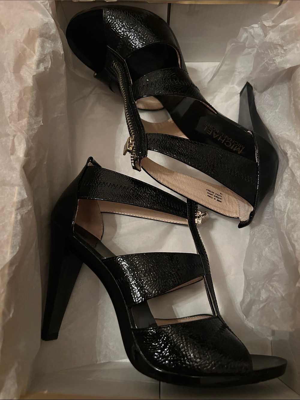 MICHAEL Michael Kors Black Patent Strappy High Heel Sandals with Gold Accent